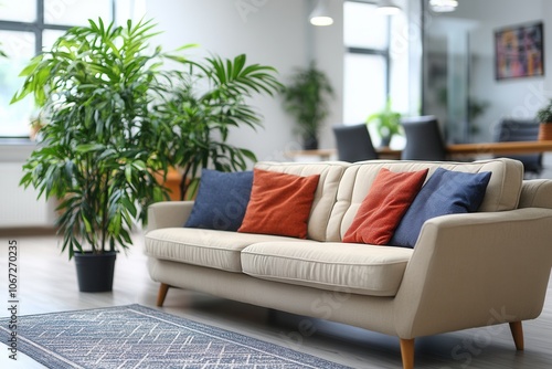 A welcoming living room features a stylish beige sofa adorned with orange and blue cushions. Indoor plants add a touch of greenery to the space, enhancing the inviting atmosphere and showcasing contem photo