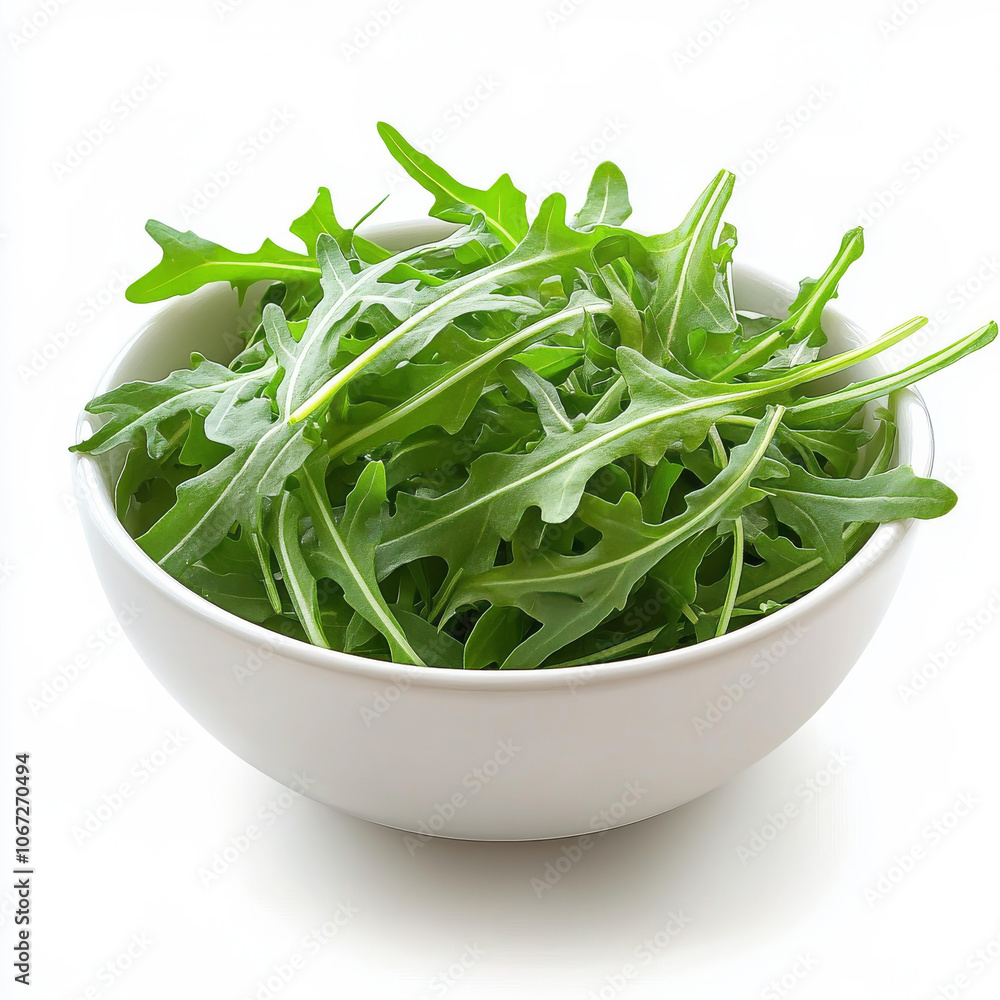 A bowl of fresh arugula leaves, isolated on a white background, emphasizing their vibrant green color and crisp texture A bowl of fresh arugula leaves, isolated on a white background, emphasizing their vibrant green color and crisp texture