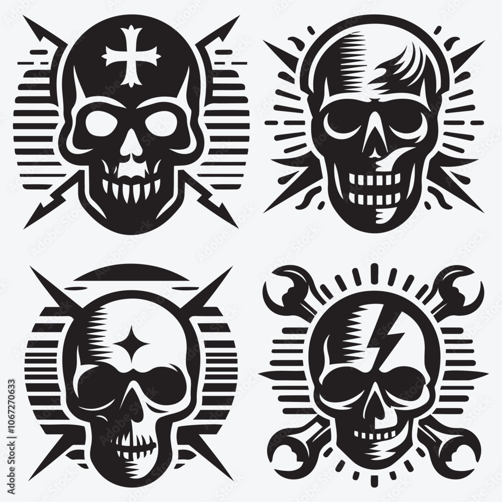 Fototapeta premium Skull Silhouettes Bundle Clip Art Vector Illustration Isolated on White Background