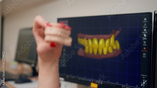 close-up professional laboratory for the production of dental prosthesis veneers woman against the background of a computer 3D model of teeth with a dental impression in her hand