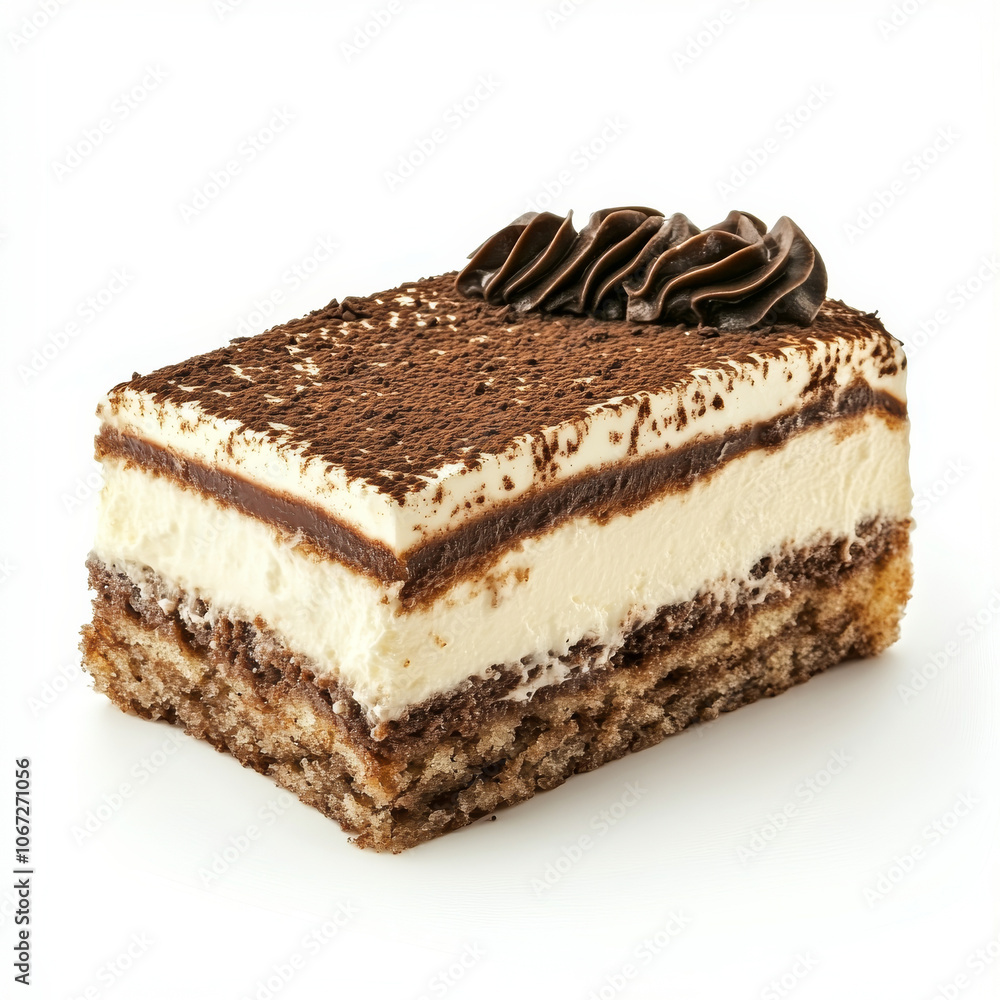 A decadent slice of tiramisu with layers of cream and coffee, isolated on a white background, showcasing rich dessert appeal A decadent slice of tiramisu with layers of cream and coffee, isolated on a white background, showcasing rich dessert appeal