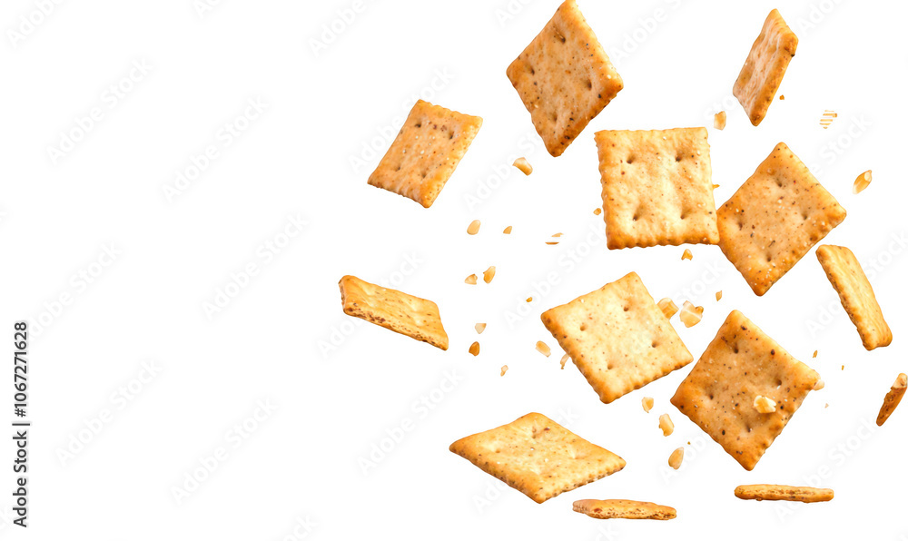 Assorted crackers flying isolate on transparent background, cutout, png Assorted crackers flying isolate on transparent background, cutout, png
