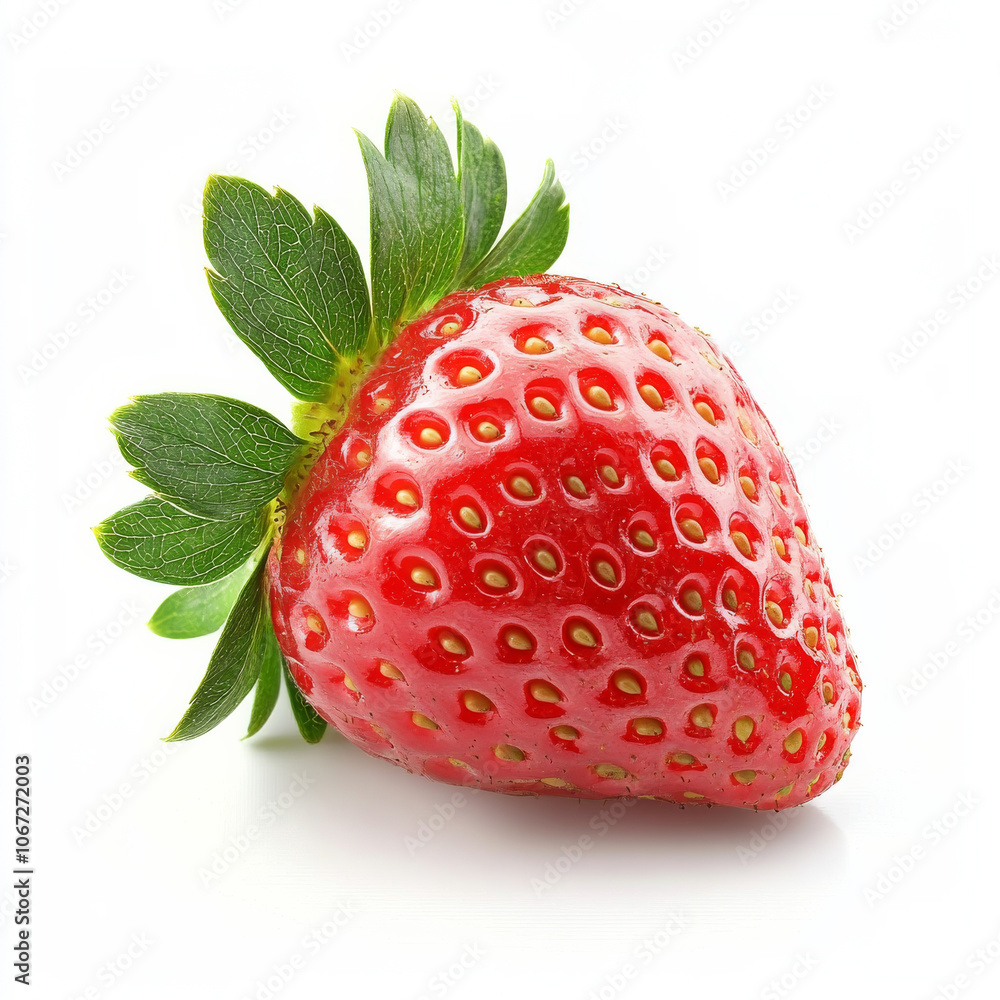 A fresh strawberry with leaves, isolated on a white background, highlighting vibrant color and juicy sweetness