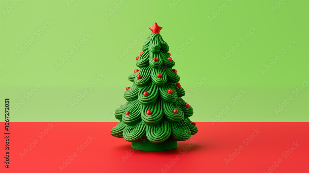 Christmas green tree, molded from plasticine on a red-green background. Toy plastic New Year tree with a star. Christmas banner, photo for postcards. Volumetric small tree. New Year or Christmas Christmas green tree, molded from plasticine on a red-green background. Toy plastic New Year tree with a star. Christmas banner, photo for postcards. Volumetric small tree. New Year or Christmas