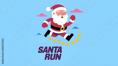 Playful "Santa Run" graphic featuring Santa Claus in motion with a starry trail and copy space for text