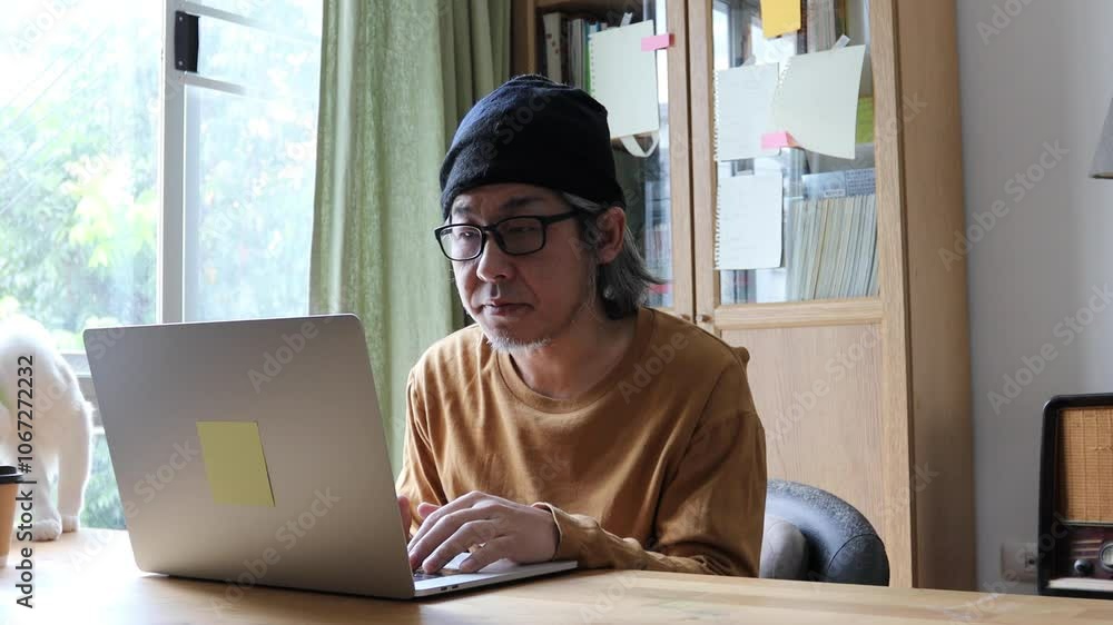 The Asian man working from home with cat. The Asian man working from home with cat.