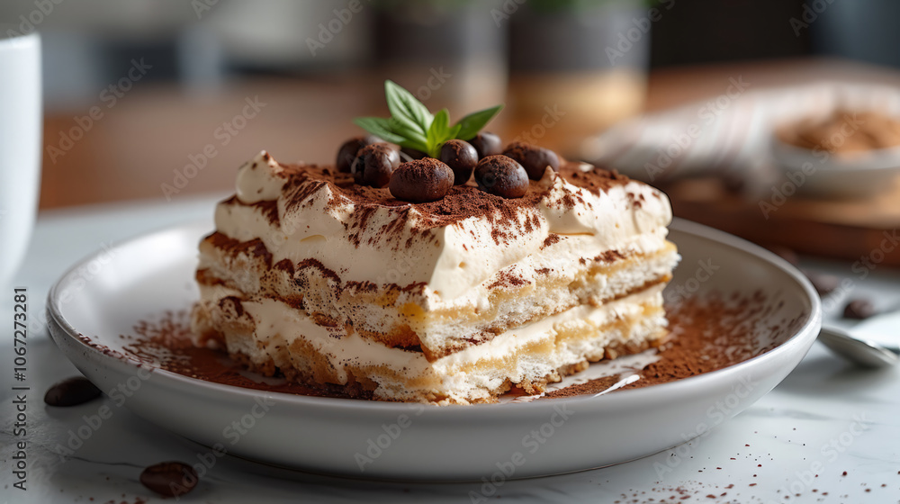 Close-up of a tiramisu dessert with layers of cream and coffee beans garnished on top, served on a white plate, Generative AI Close-up of a tiramisu dessert with layers of cream and coffee beans garnished on top, served on a white plate, Generative AI