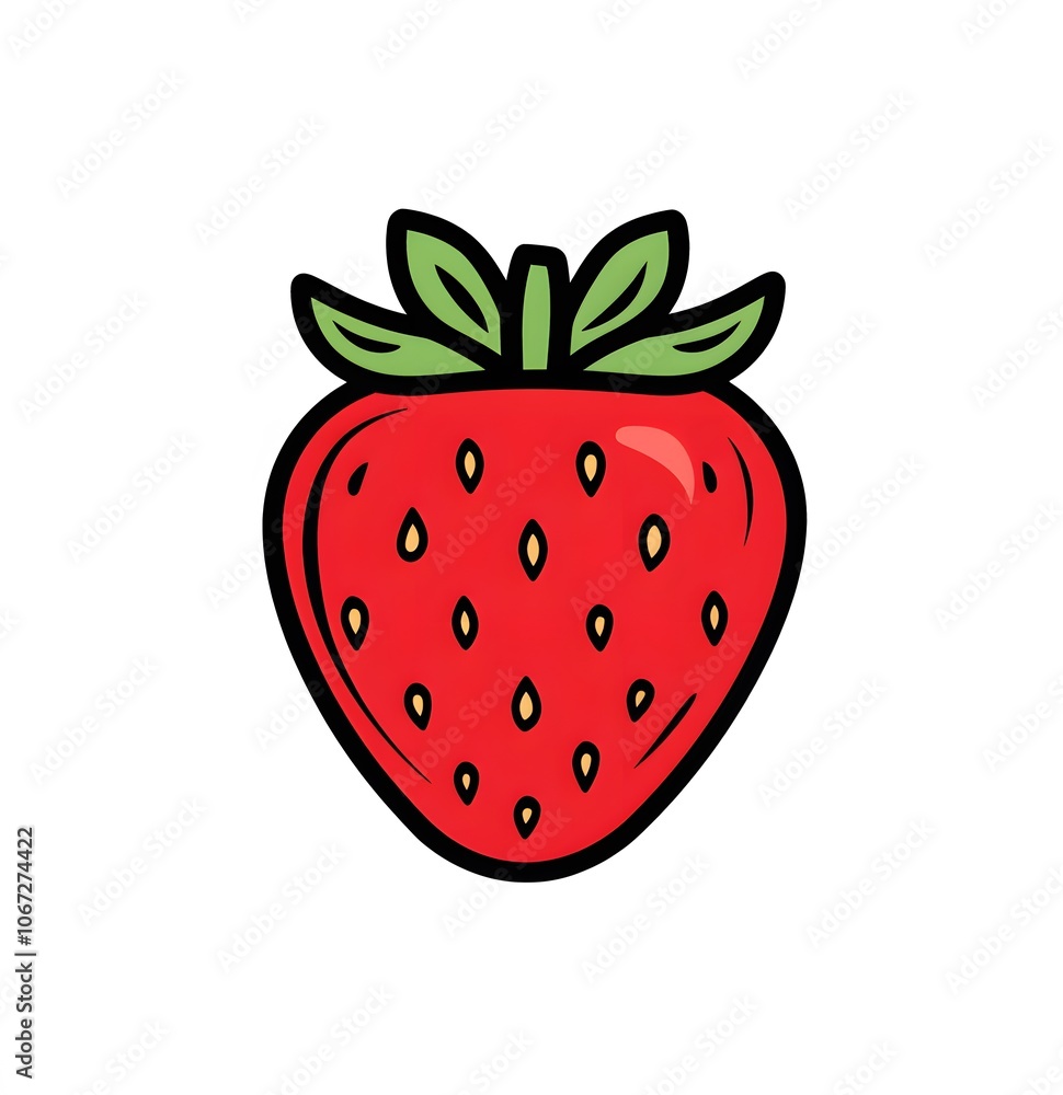 Cartoon illustration of a single red strawberry with green leaves Cartoon illustration of a single red strawberry with green leaves