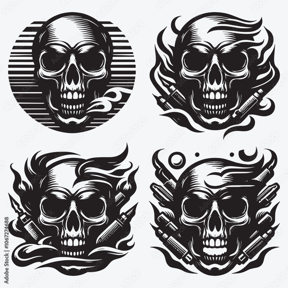 Obraz premium Skull Silhouettes Bundle Clip Art Vector Illustration Isolated on White Background
