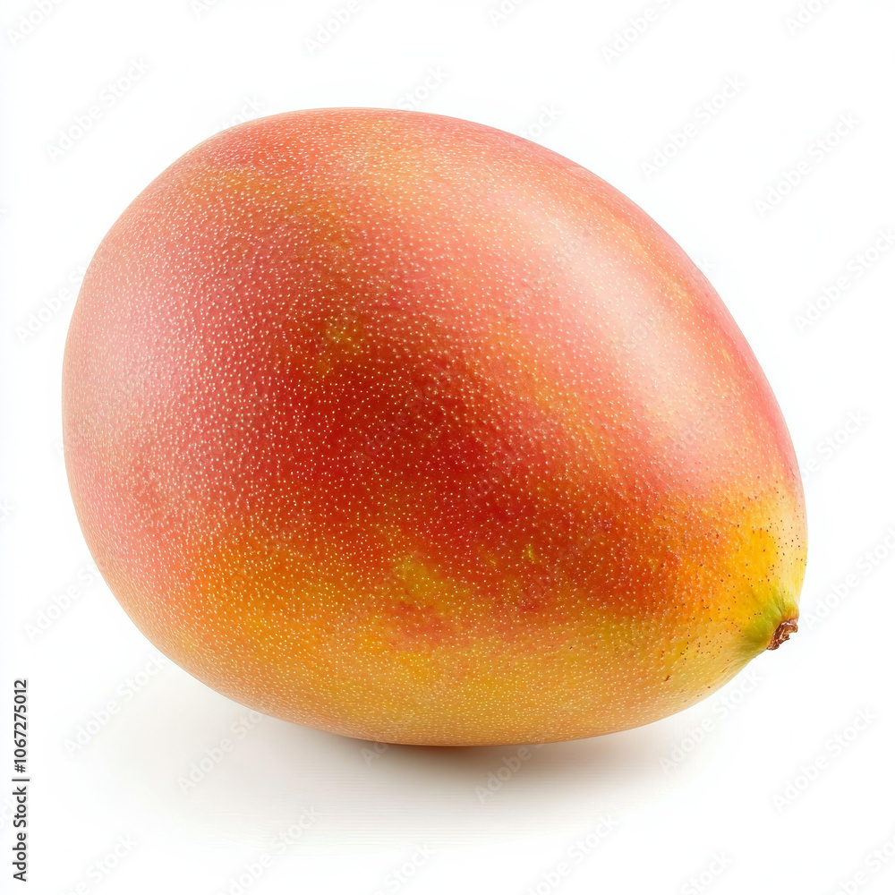 A fresh mango with a juicy orange flesh, isolated on a white background, highlighting its tropical and refreshing qualities A fresh mango with a juicy orange flesh, isolated on a white background, highlighting its tropical and refreshing qualities