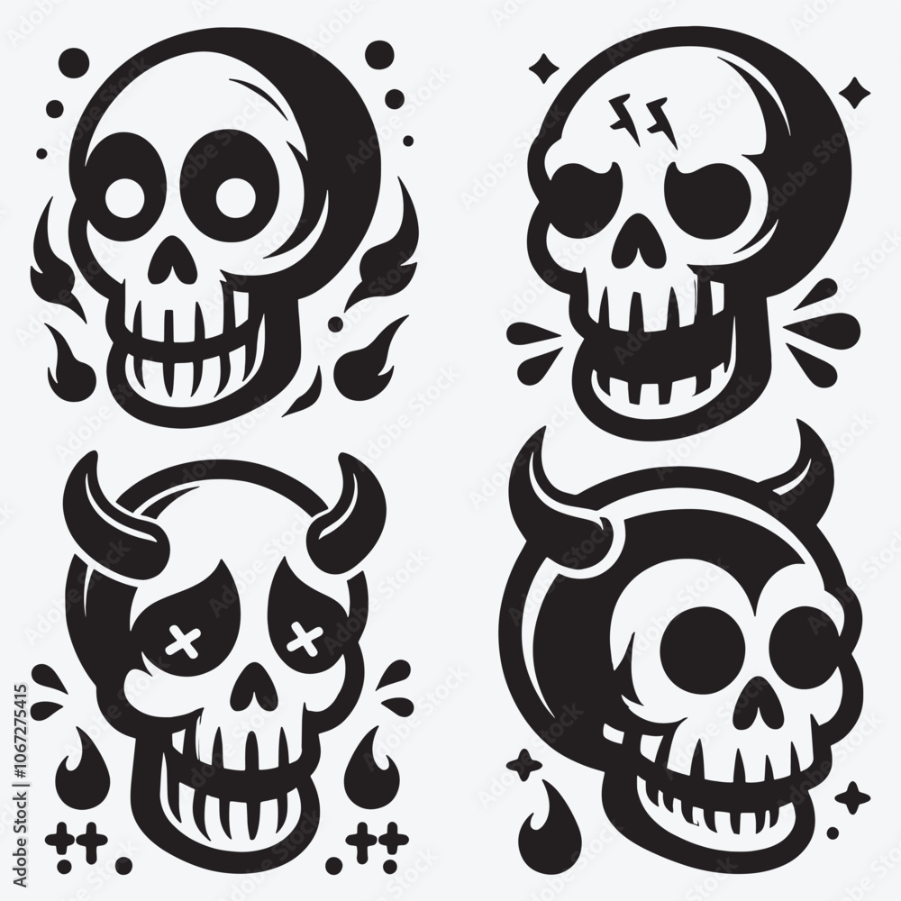 Obraz premium Skull Silhouettes Bundle Clip Art Vector Illustration Isolated on White Background