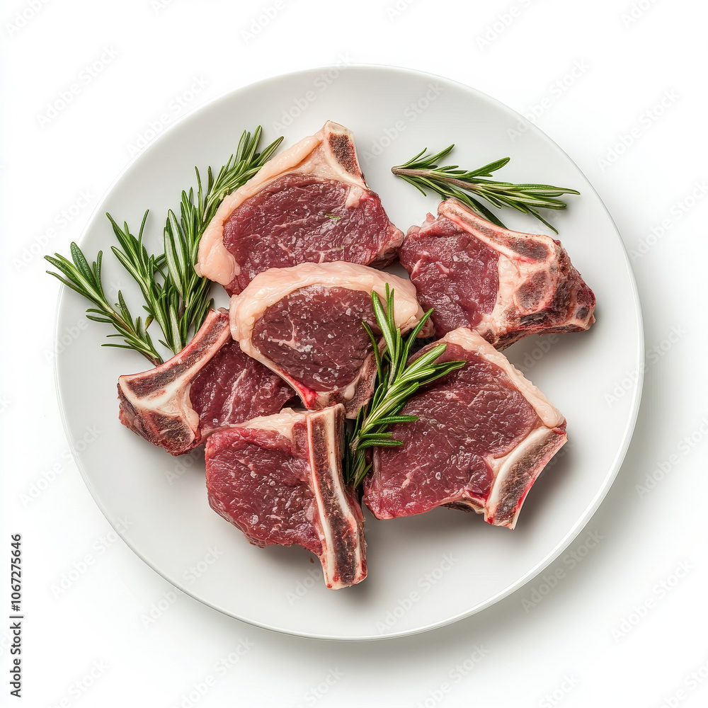 A plate of tender lamb chops with rosemary garnish, isolated on a white background, showcasing a savory and rich dish A plate of tender lamb chops with rosemary garnish, isolated on a white background, showcasing a savory and rich dish
