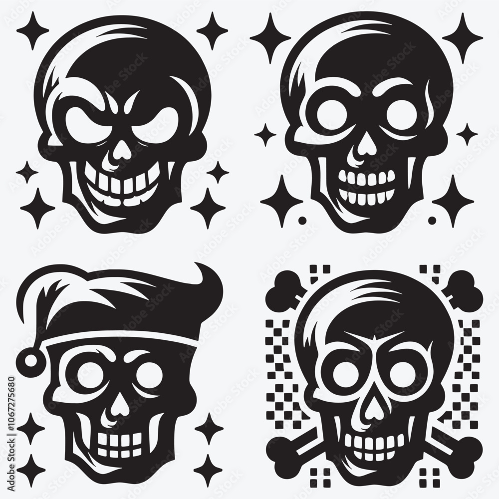 Skull Silhouettes Bundle Clip Art Vector Illustration Isolated on White Background Skull Silhouettes Bundle Clip Art Vector Illustration Isolated on White Background