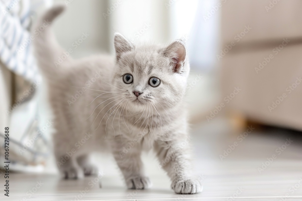 Adorable fluffy kitten exploring indoors in sunlit room Adorable fluffy kitten exploring indoors in sunlit room
