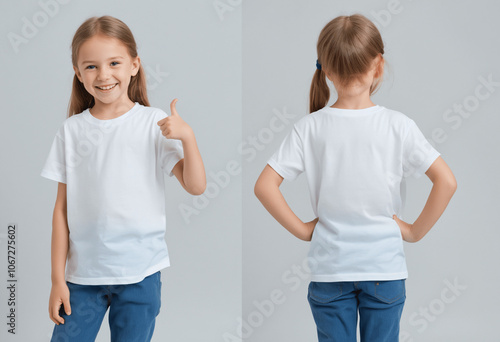 Little girl blank t-shirt mockup showcasing front and back views on a clean white backdrop for design purposes.