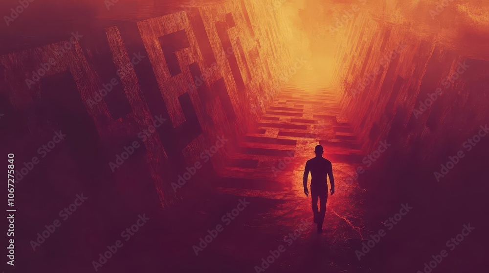 A man s silhouette walking towards the exit of a maze, a sense of hope radiating from him A man s silhouette walking towards the exit of a maze, a sense of hope radiating from him