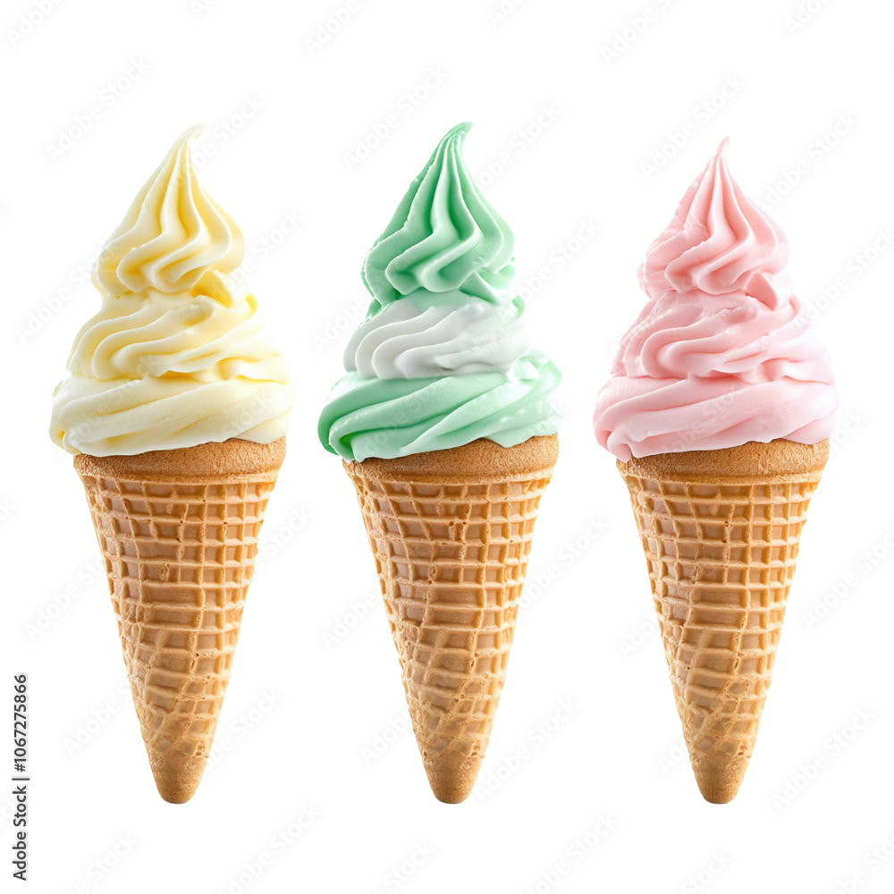 Three waffle cones with yellow, green, and pink soft serve ice cream isolated on transparent background Three waffle cones with yellow, green, and pink soft serve ice cream isolated on transparent background