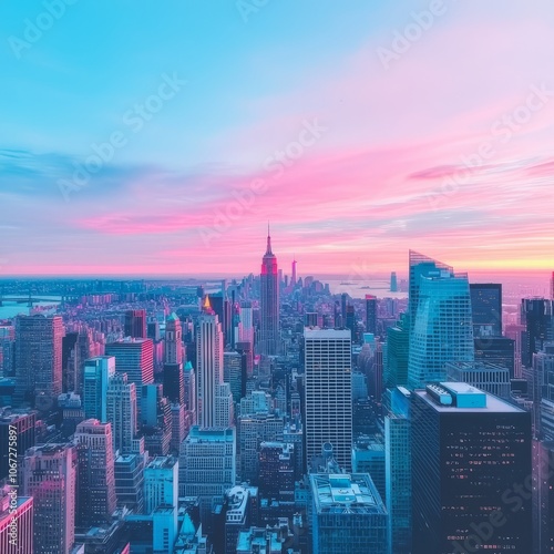 A vibrant skyline of a city at dusk, showcasing tall buildings and a sunset.