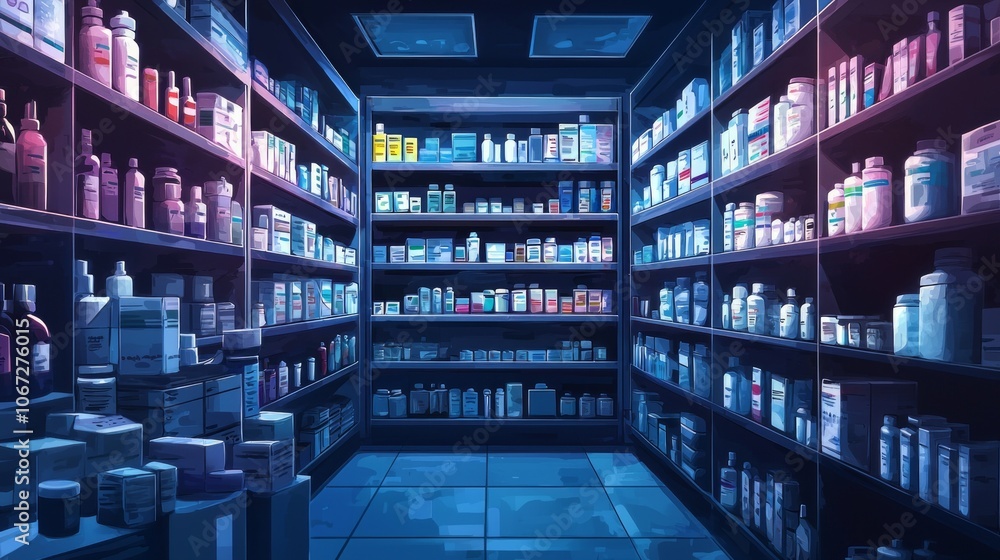 soft glow evening lights pharmacy showcases well organized shelves brimming variety pills and health items. calm atmosphere invites exploration. soft glow evening lights pharmacy showcases well organized shelves brimming variety pills and health items. calm atmosphere invites exploration.