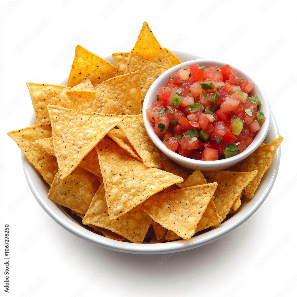 A bowl of nacho chips with a side of salsa, isolated on a white background, emphasizing a fun and spicy snack A bowl of nacho chips with a side of salsa, isolated on a white background, emphasizing a fun and spicy snack