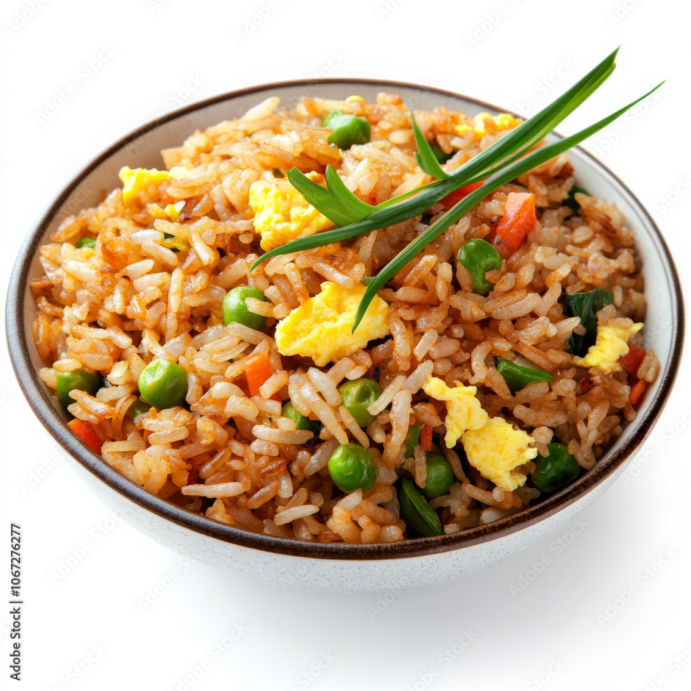 A serving of fried rice with vegetables and egg, isolated on a white background, emphasizing flavor and vibrant colors A serving of fried rice with vegetables and egg, isolated on a white background, emphasizing flavor and vibrant colors