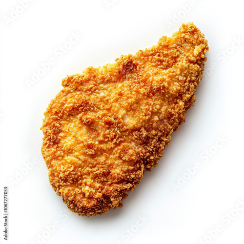 A perfectly breaded chicken schnitzel with a homemade, golden crust, isolated on a white background, showcasing the crunchy coating and tender, juicy chicken