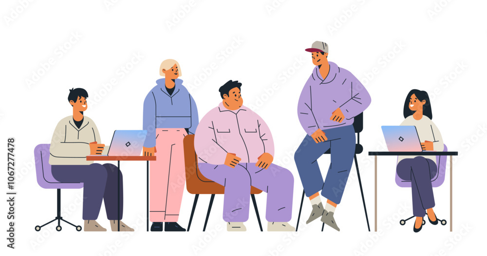 Naklejka premium Team collaboration diverse people working laptops casual attire modern office setting