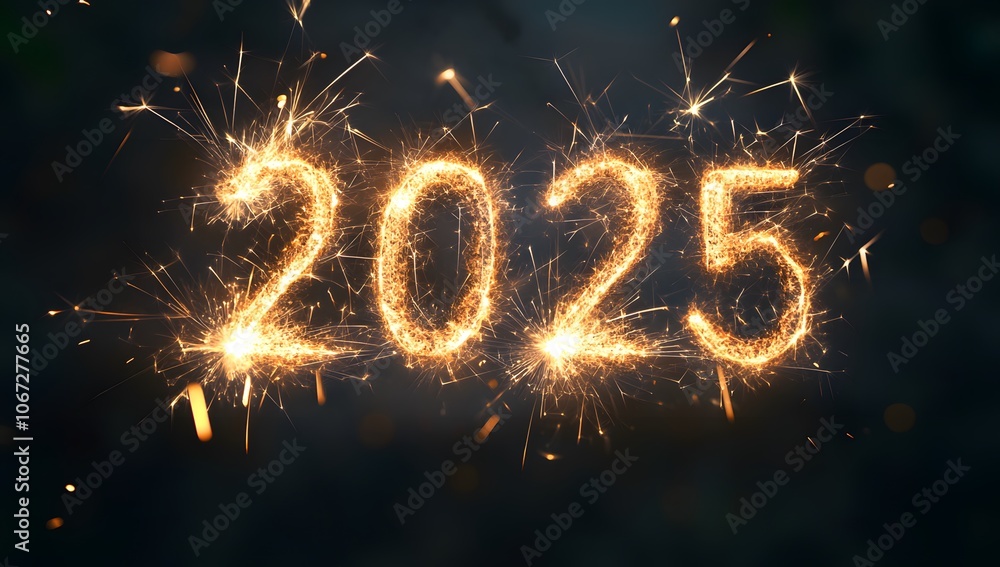 The Year 2025 Written in Sparklers Against a Dark Background The Year 2025 Written in Sparklers Against a Dark Background