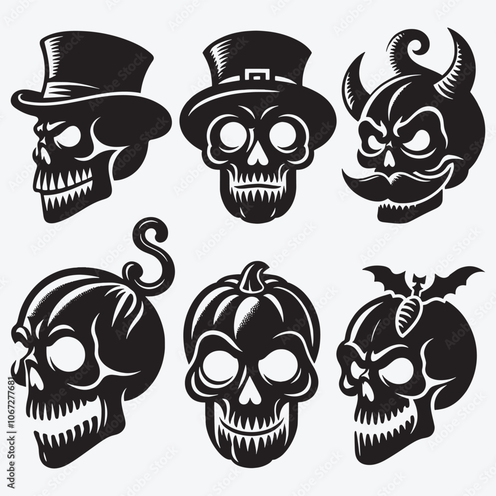 Fototapeta premium Skull Silhouettes Bundle Clip Art Vector Illustration Isolated on White Background