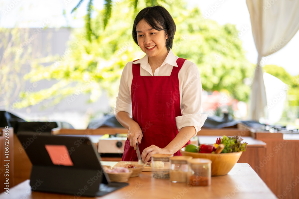 Asian woman cooking while looking at recipe on tablet in kitchen Asian woman cooking while looking at recipe on tablet in kitchen