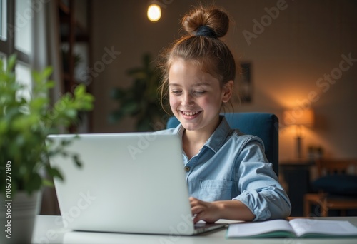 A joyful girl smiles while using a laptop for her online learning session at home.