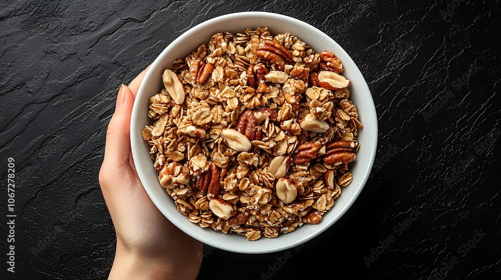 Hand Holding Bowl of Healthy Nuts and Granola Hand Holding Bowl of Healthy Nuts and Granola
