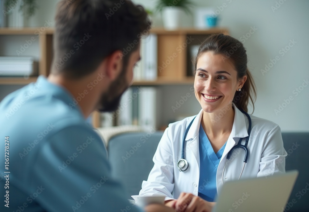 A doctor smiles while discussing health concerns with her patient in an office. A doctor smiles while discussing health concerns with her patient in an office.