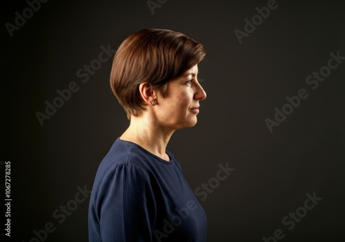 Profile portrait of a woman in a dark blue sweater