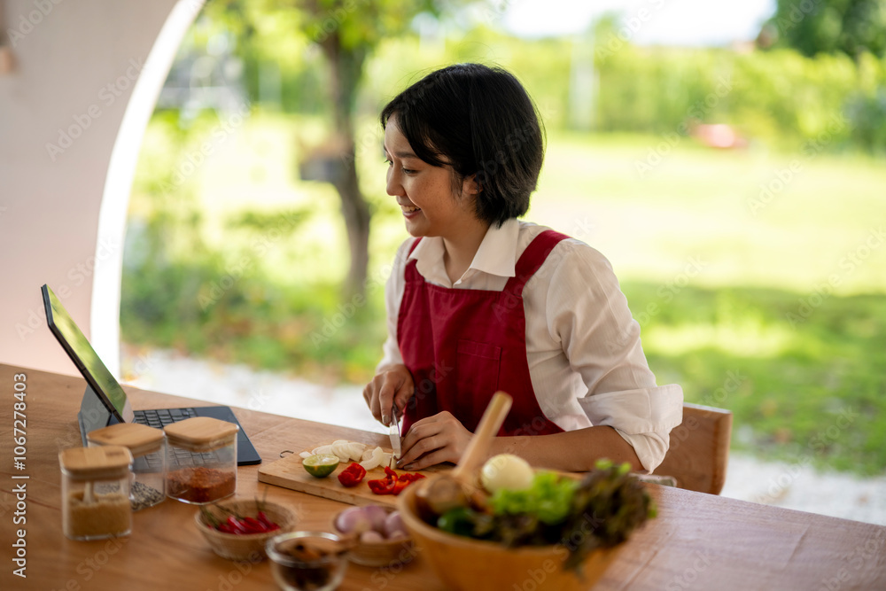 Woman is slicing vegetables on a wooden board while following a recipe on a tablet Woman is slicing vegetables on a wooden board while following a recipe on a tablet