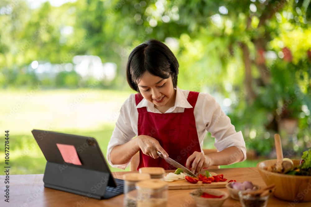 Asian woman following recipe on digital tablet, cutting vegetables on wooden board, cooking food outdoors Asian woman following recipe on digital tablet, cutting vegetables on wooden board, cooking food outdoors