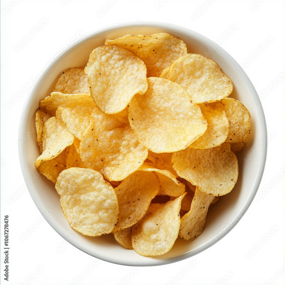 A bowl of crunchy potato chips, isolated on a white background, showcasing the crispness and salty flavor of this classic snack A bowl of crunchy potato chips, isolated on a white background, showcasing the crispness and salty flavor of this classic snack
