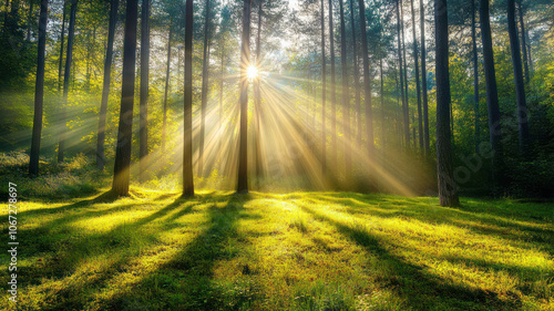 Sunlight Streaming Through Trees in a Lush Green Meadow Surrounded by a Tranquil Forest