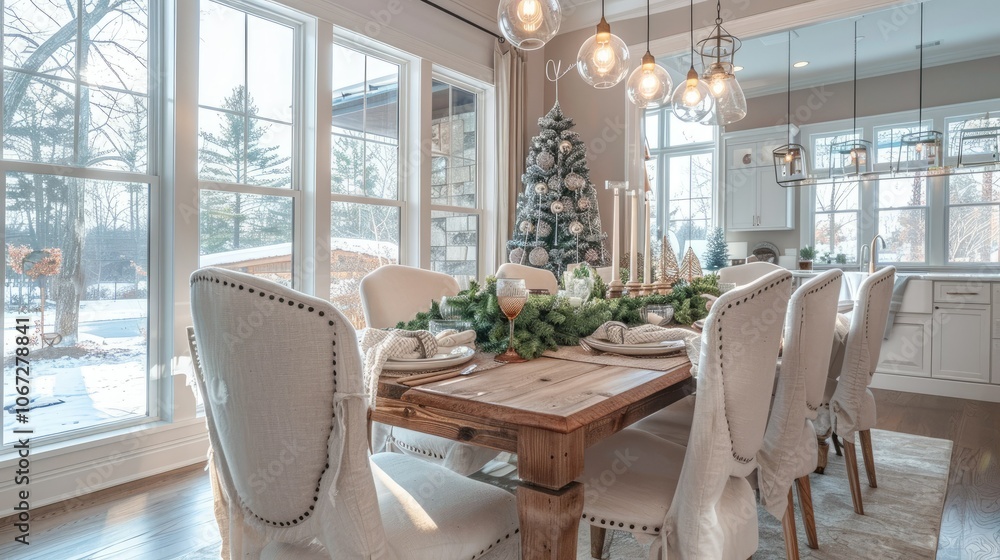 A cozy dining room with large windows, a wooden table, chairs A cozy dining room with large windows, a wooden table, chairs