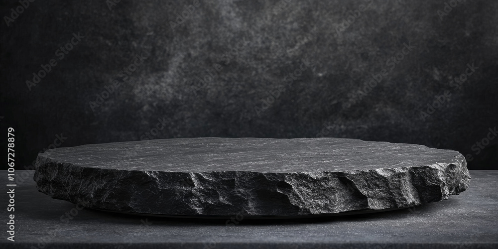 Round black stone podium with textured surface, ideal for product placement, set in a dramatic, dark setting