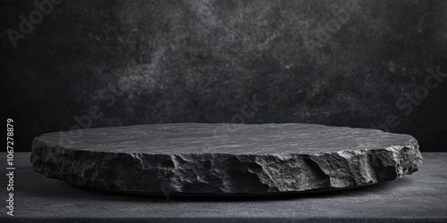 Obraz na płótnie Round black stone podium with textured surface, ideal for product placement, set in a dramatic, dark setting w salonie