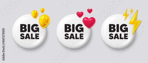 Big Sale tag. White buttons with 3d icons. Special offer price sign. Advertising Discounts symbol. Big sale button message. Banner badge with balloons, energy, heart. Social media icons. Vector