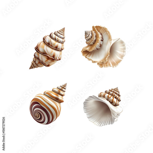 Collection of Four Seashells Isolated on Transparent Background