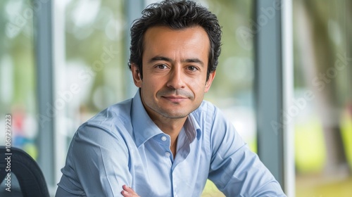 Middle aged hispanic businessman in light blue shirt planning in bright corporate office space photo