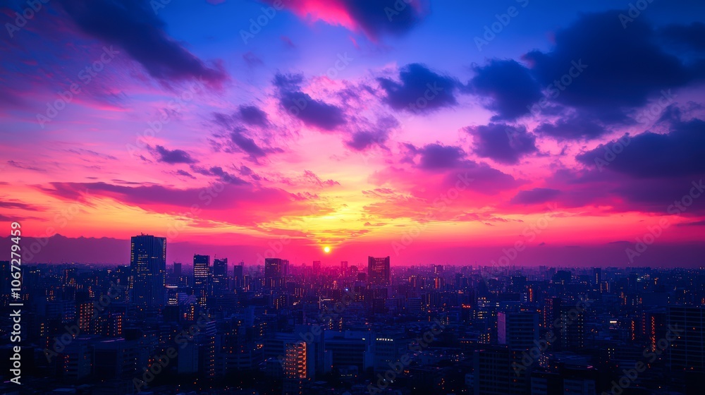 Fototapeta premium A vibrant sunset over a bustling skyline creates a stunning visual, Ideal for use in travel brochures, urban development presentations, or as a backdrop for inspirational quotes,