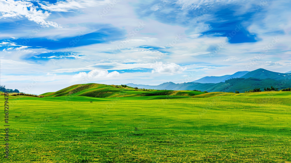 Beautiful green grass field with a blue sky and mounains Beautiful green grass field with a blue sky and mounains