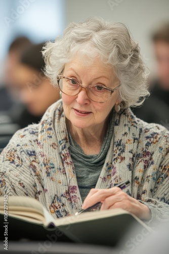 Dedicated senior woman studying in class, her notebook filled with notes, symbolizing lifelong learning in a vibrant, international classroom photo