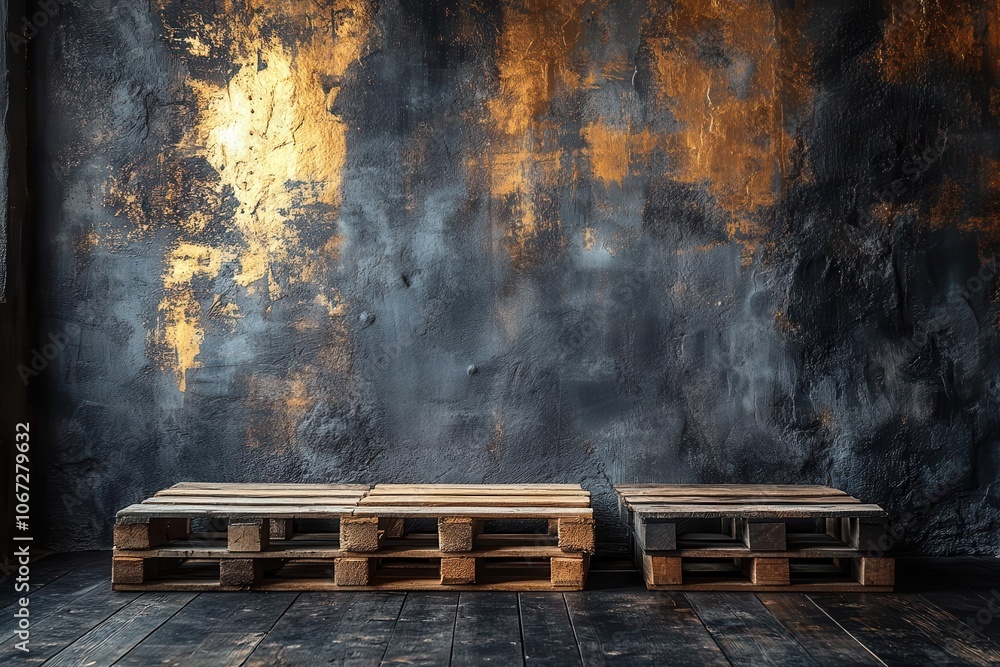 empty dark gray industrial concrete scene showcasing wooden pallets on the floor creating a backdrop for product showcase design with a minimalist aesthetic empty dark gray industrial concrete scene showcasing wooden pallets on the floor creating a backdrop for product showcase design with a minimalist aesthetic