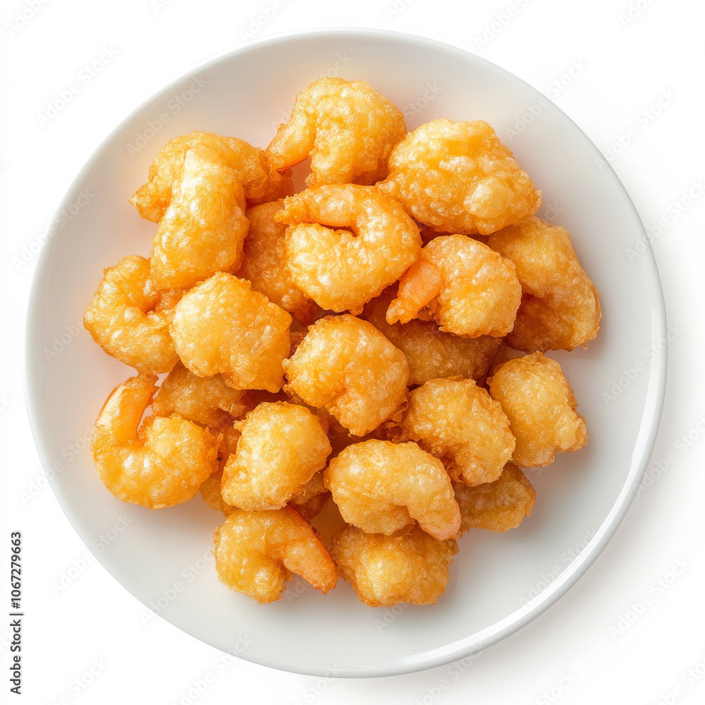 A plate of shrimp tempura with crispy golden coating, isolated on a white background, showcasing a light and appetizing snack A plate of shrimp tempura with crispy golden coating, isolated on a white background, showcasing a light and appetizing snack