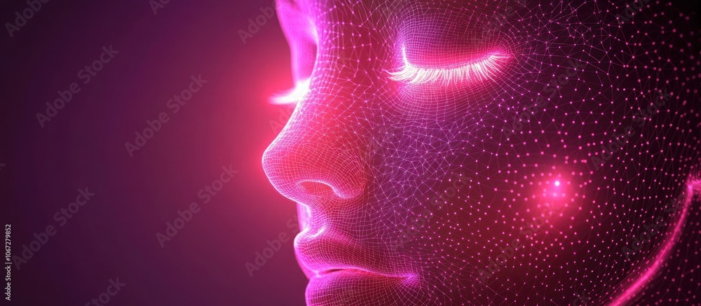 A digital rendering of a female face made of glowing pink dots. A digital rendering of a female face made of glowing pink dots.